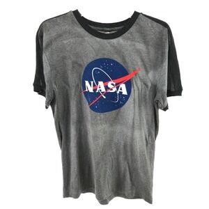 NASA Ringer Tee Sz Medium Graphic Gray Vintage Distressed Look Cotton Poly Blend